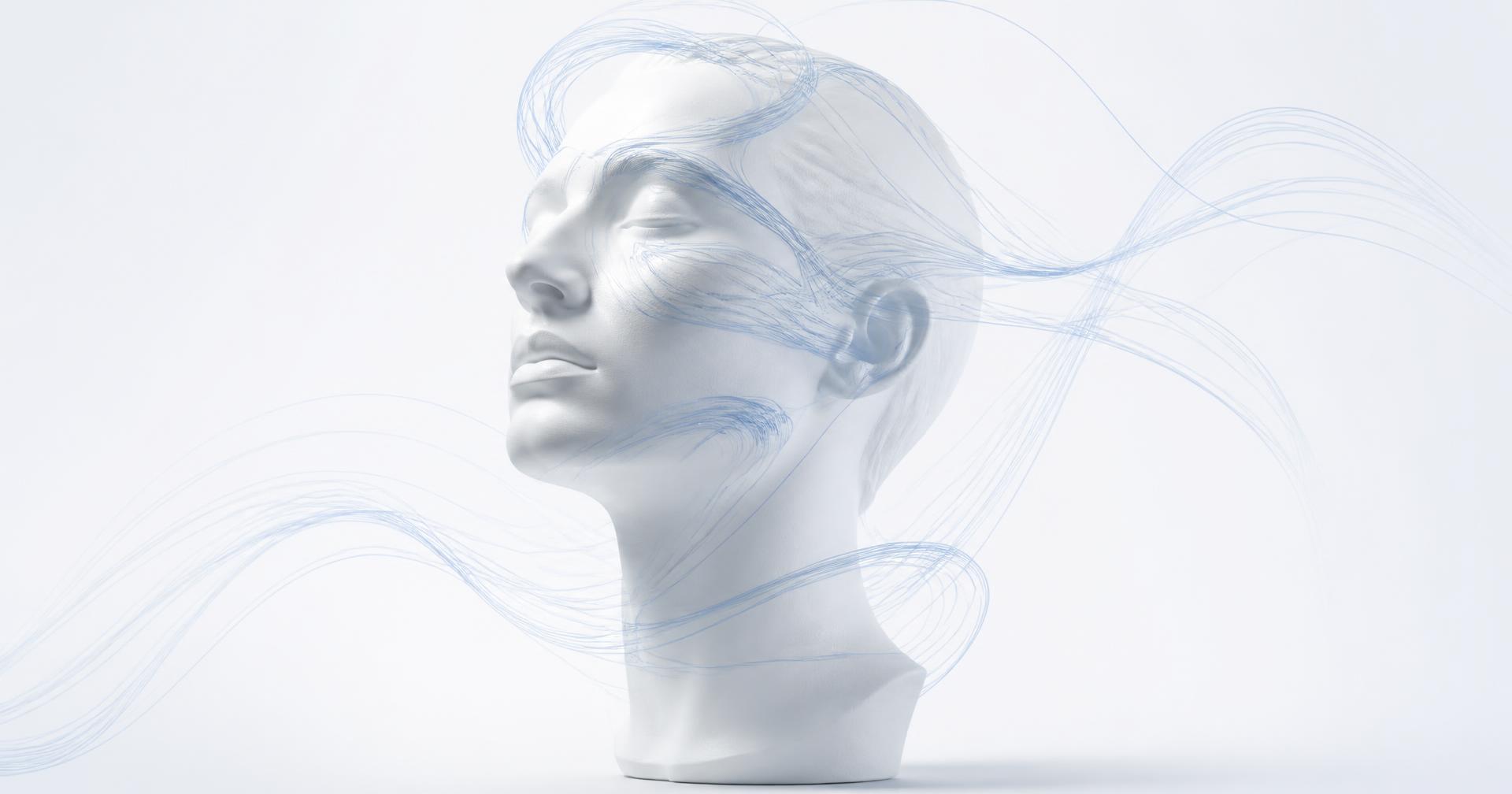 Escultura facial blanca con líneas de movimiento