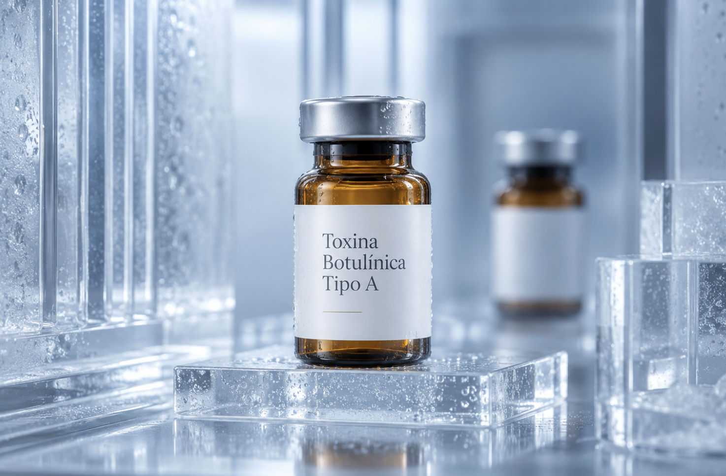 Vial de toxina botulínica tipo A en entorno de laboratorio