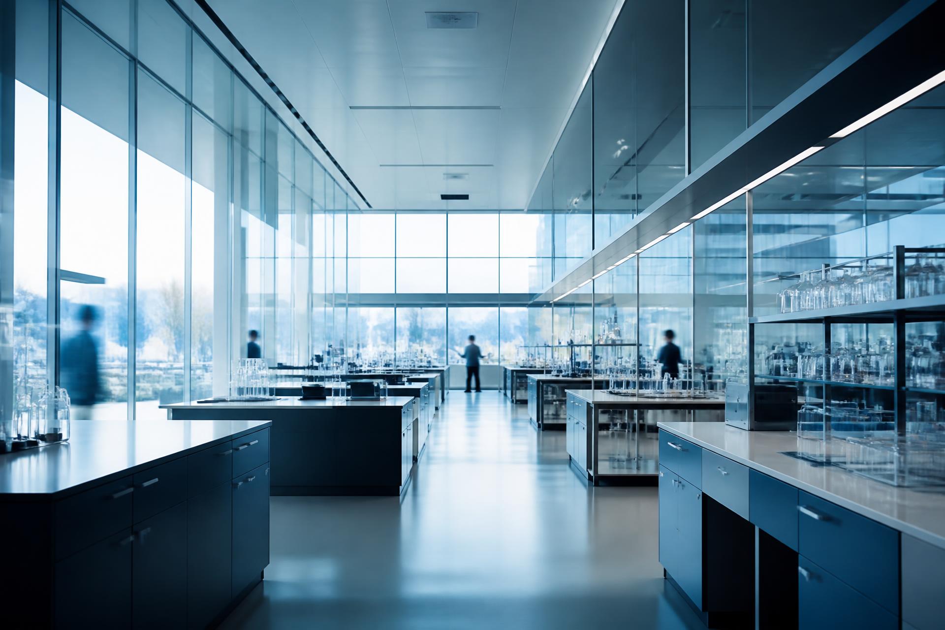 Entorno de laboratorio biomédico contemporáneo con grandes muros de vidrio