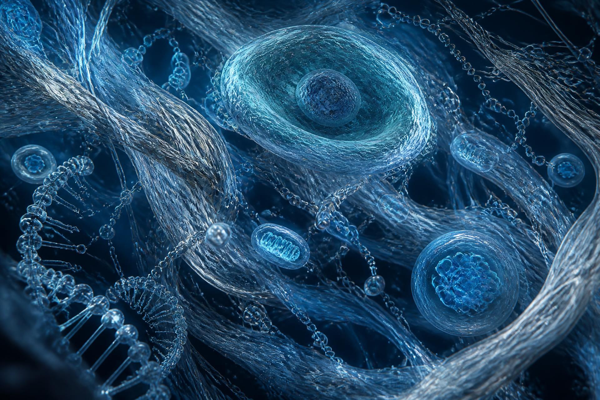 Visualización científica de estructuras celulares y fibras de colágeno en azul profundo