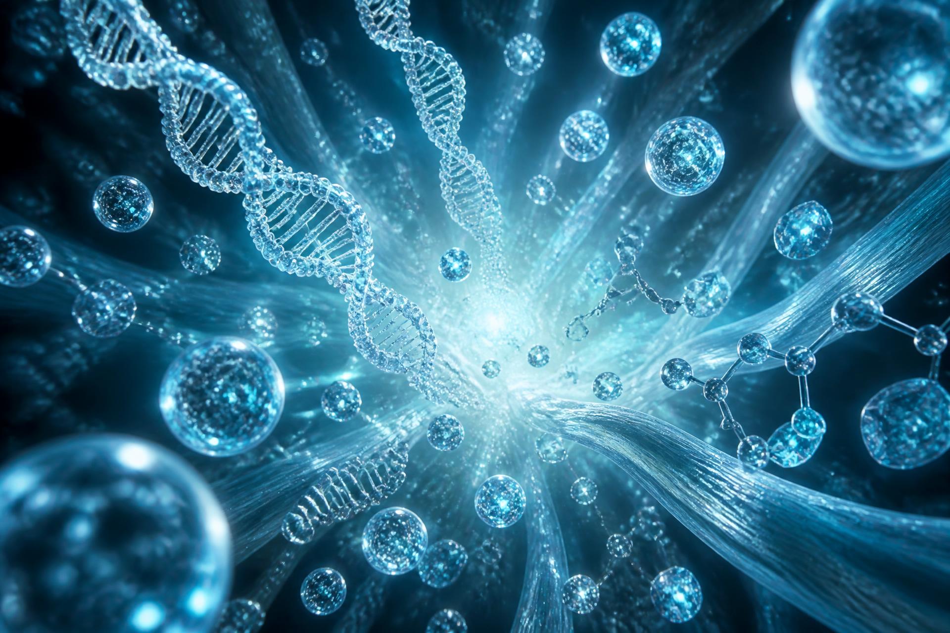 Componentes translúcidos convergiendo hacia un centro luminoso en azul hielo