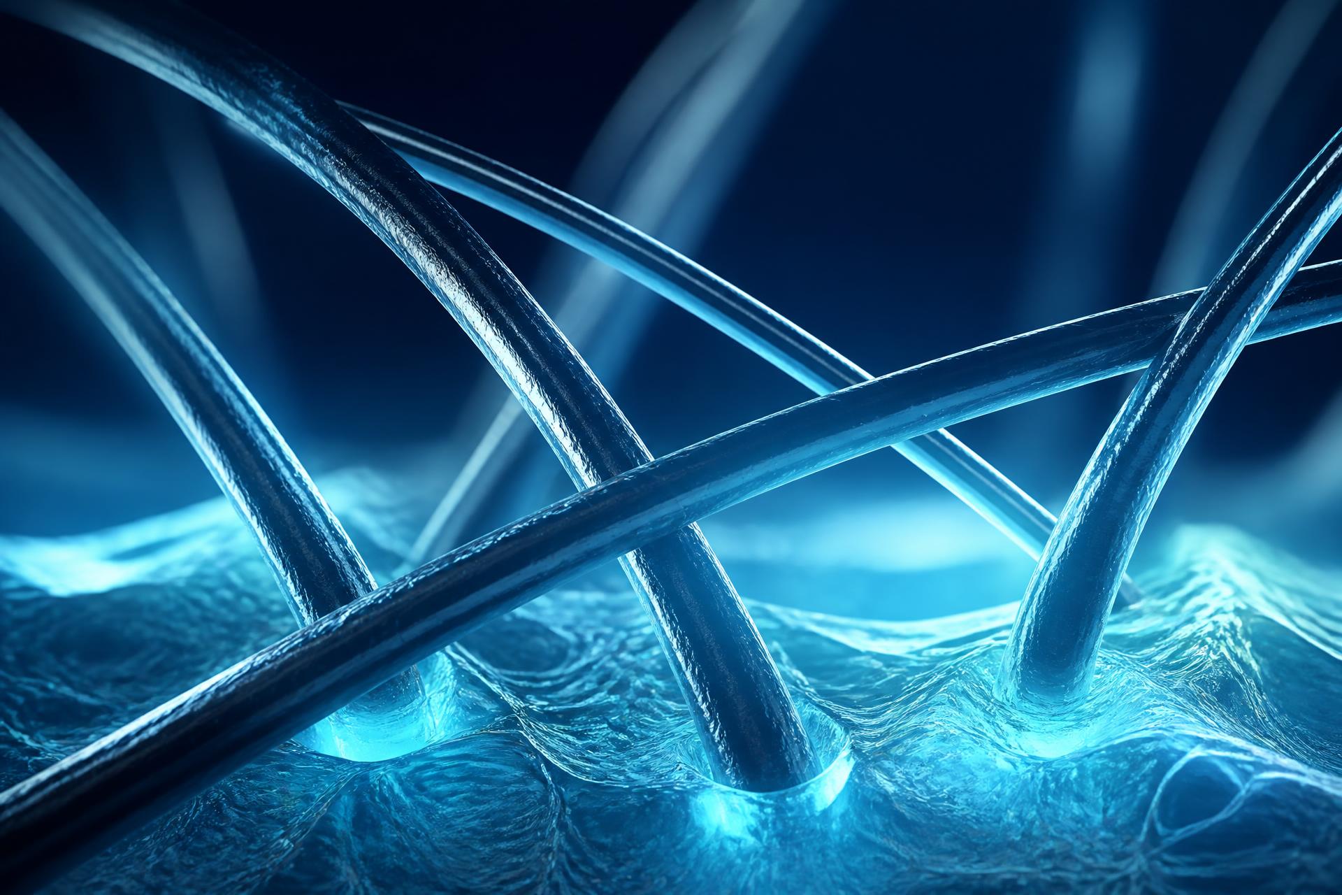 Macro artística de fibras capilares atravesando una composición científica azul